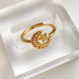 Gold Crescent Moon and Star Ring